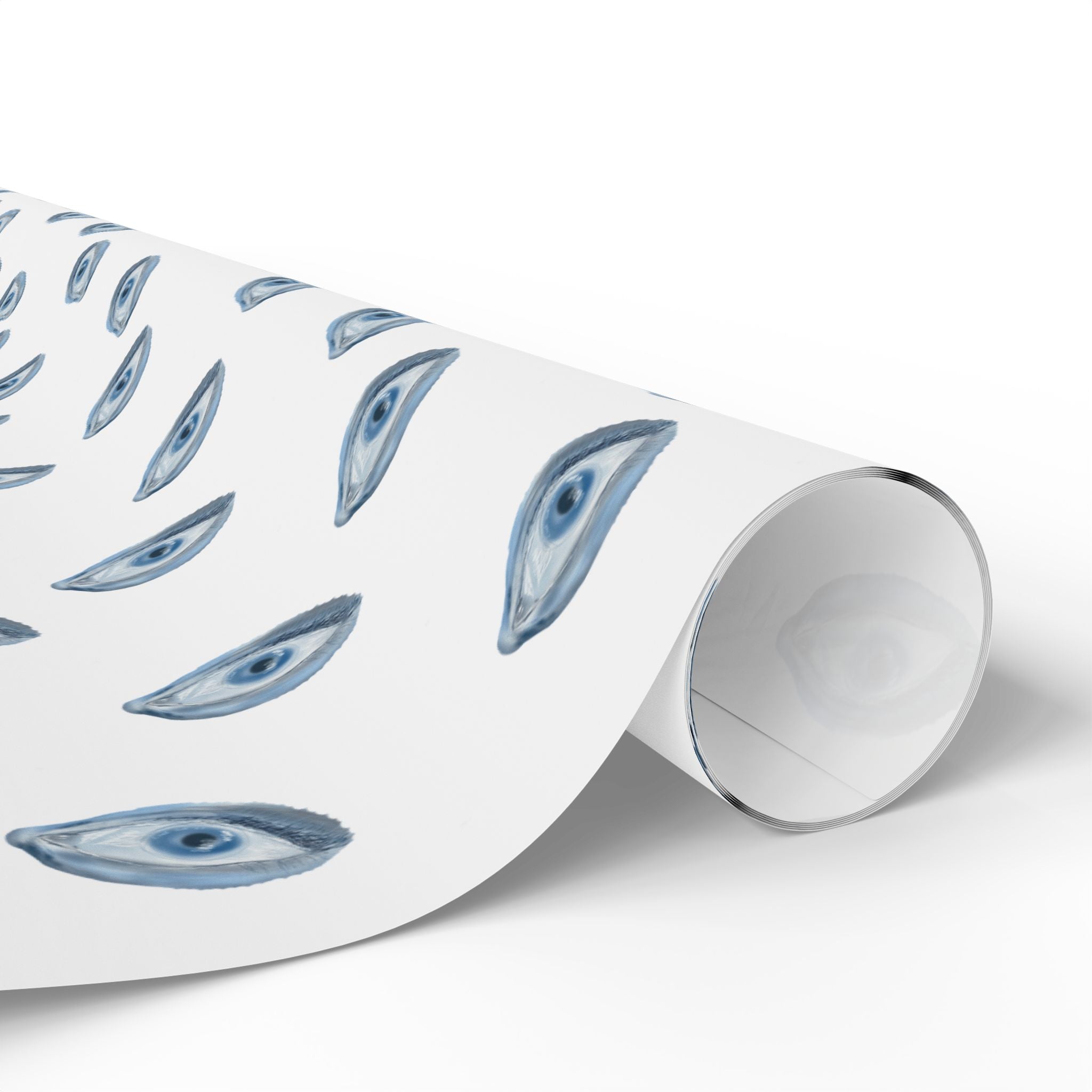 Roll of white paper with blue eye pattern on a white background
